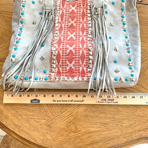 Free People Boho Leather & Suede Studded Tassel Tote – Turquoise & Rust Embroide - Picture 4 of 10